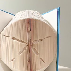 May include: A unique book art piece featuring a sand dollar design carved into the pages. The book is open, revealing the intricate details of the folded pages, with a blue cover and white pages. The sand dollar is a light beige color.