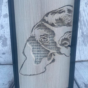 May include: A book art sculpture of a dog's head, made by folding the pages of a book. The sculpture is framed in black and stands on a wooden surface.