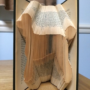 Könnte beinhalten: Eine Buchkunstskulptur eines Hundes, die durch Falten der Seiten eines Buches hergestellt wird. Die Skulptur besteht aus einem Buch mit einem dunkelgrünen Einband, und die Seiten sind gefaltet, um die Form eines Hundes zu erzeugen.