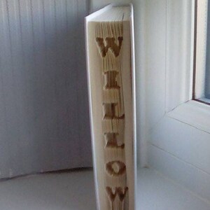 May include: A white book with the word "WILLOW" carved into the spine. The book is standing upright on a white surface.