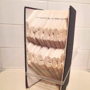 May include: A book sculpture with the word "Dream" formed from the pages. The book has a black cover and a silver ribbon. The pages are folded to create the word, standing upright. The book is approximately 20 cm tall.