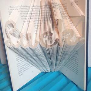 Peut inclure: Un livre ouvert dont les pages sont pliées pour former le mot "BOOK". Le livre a une couverture bleue et les pages sont blanches avec du texte imprimé. Le mot "BOOK" est mis en évidence au centre.