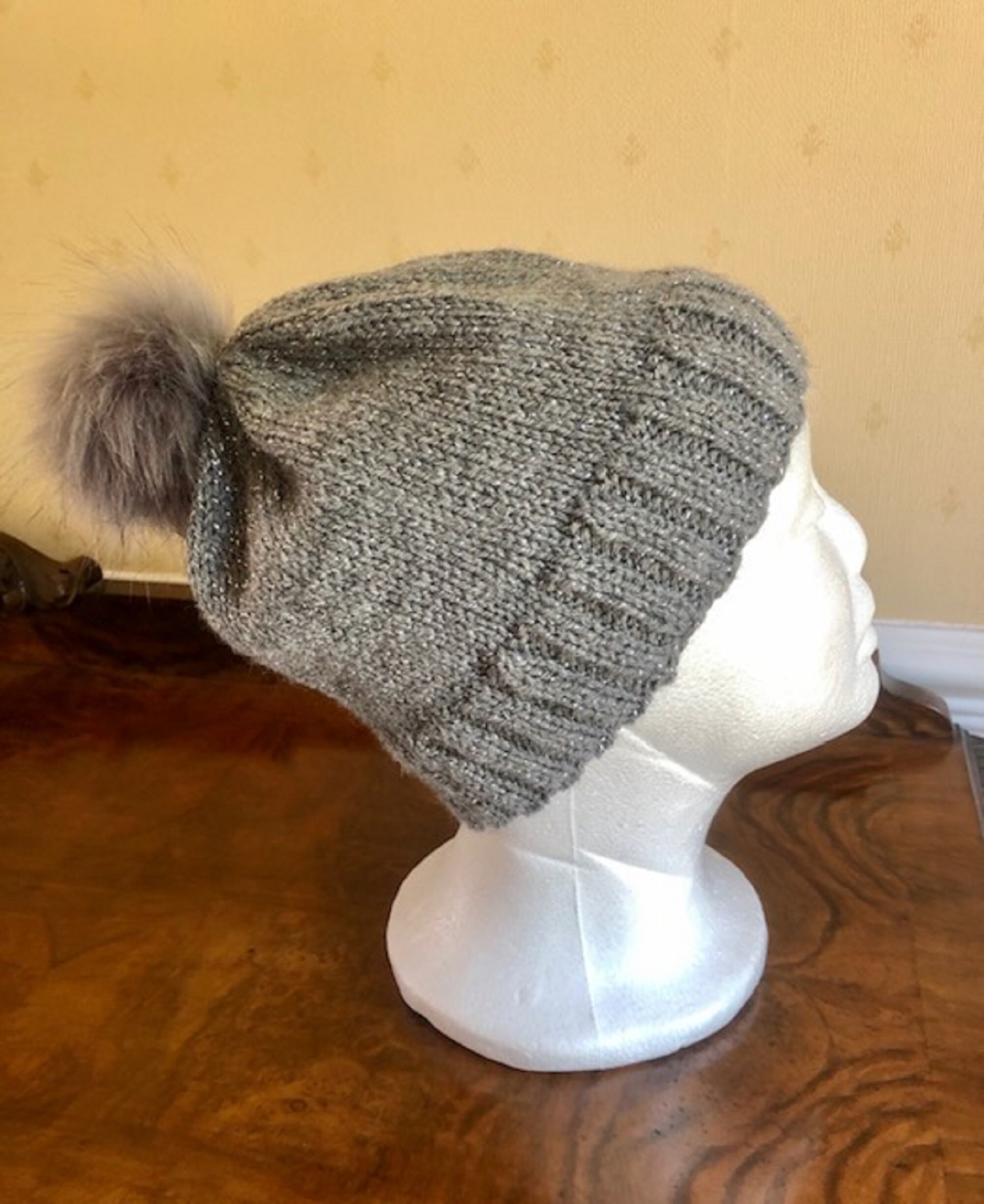 Hand Knitted Hat 16 DK Medium in Grey yarn with silver Etsy