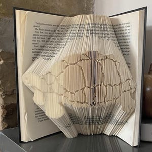 May include: A book folded into the shape of a turtle. The book is open and the pages are folded to create the shape of the turtle's head, shell, and legs. The book is made of white paper and has black text on the pages.