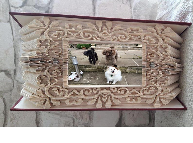 May include: A book-shaped picture frame made of folded paper, with a decorative design and a window showing three dogs. The dogs are a black and white miniature schnauzer, a brown poodle, and a white poodle.