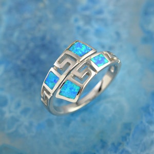 greek key blue opal silver ring, opal ring, silver greek ring, opal jewelry, greek jewelry, greek key ring, anniversary gift, gift for wife