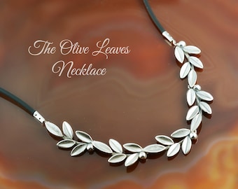 silver olive leaves black rubber necklace, olive leaf necklace, leaf necklace, bridesmaid necklace, greek necklace, greek jewelry