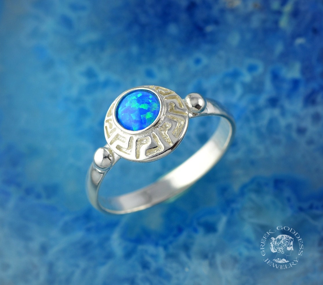 TFR Jewel Vintage Greek Key Ring Blue Fire Opal Jewelry for Women Wedding Engagement Rings 