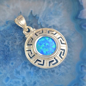 Greek Key blue opal silver pendant, Greek Key pendant, blue opal pendant, opal necklace, Greek Key necklace, greek jewelry, anniversary gift