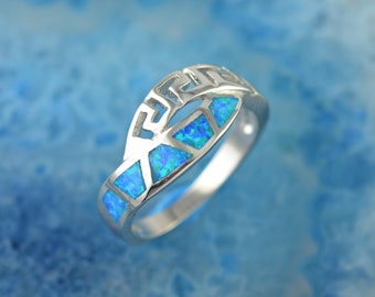 greek key opal silver ring, blue opal ring, greek ring, greek jewelry, greek key ring, opal jewelry, silver ring, anniversary gift for wife