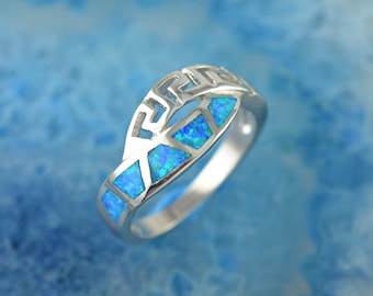 griechischen Schlüssel Opal Silberring, blauer Opalring, griechischen Ring, griechischen Schmuck, griechischen Schlüsselring, Opal Schmuck, Jahrestagsgeschenk für Frau