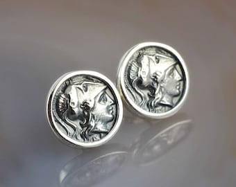 ancient greek coin silver stud earrings, Athena earrings, antique coin, coin earrings, antique earrings, Athena coin earrings, coin studs
