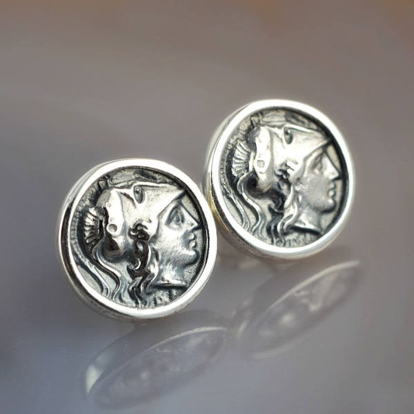 ancient greek coin silver stud earrings, Athena earrings, antique coin, coin earrings, antique earrings, Athena coin earrings, coin studs