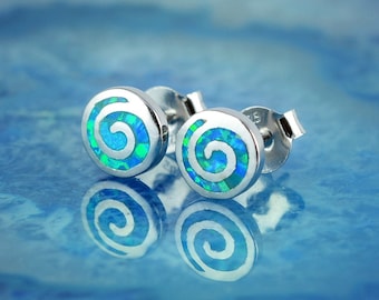 spiral blue opal silver stud earrings, spiral earrings, opal earrings,  greek earrings, greek jewelry, opal studs, dainty studs, spiral studs