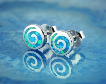 spiral blue opal silver stud earrings, spiral earrings, opal earrings, greek earrings, greek jewelry, opal studs, dainty studs, spiral studs