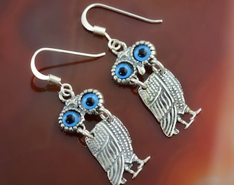 owl silver earrings, owls earrings, owl earrings, greek earrings, greek jewelry, Athena earrings, antique earrings, boho earrings, wise owl