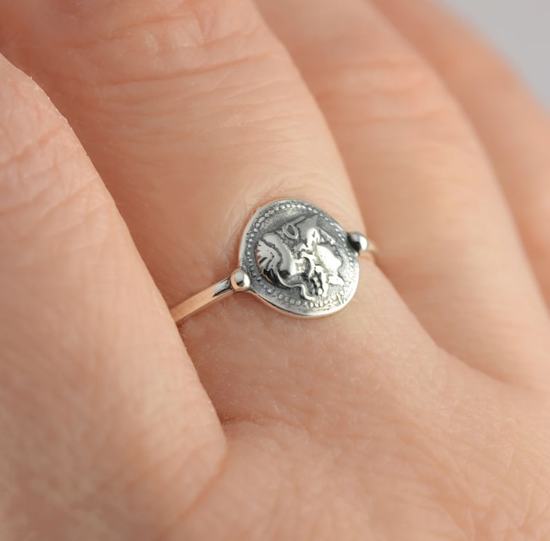 Puede incluir: Un anillo de plata con un dise&ntilde;o redondo y detallado que presenta dos p&aacute;jaros enfrentados. El anillo se lleva en un dedo.