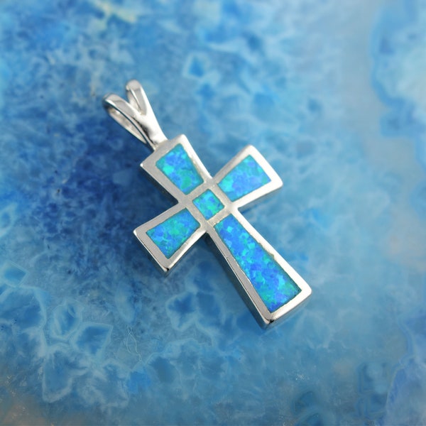 blue opal silver cross pendant, silver cross, opal cross necklace, cross with blue opal, cross pendant, cross with opal, Christian gift