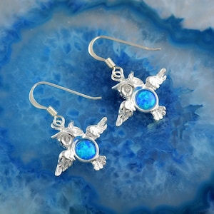 owl blue opal silver earrings, owl earrings, silver owl, blue opal earrings, greek earrings, greek jewelry, opal jewelry, boho earrings