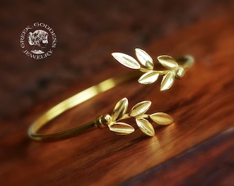 pulsera dorada de hoja de olivo, pulsera de hoja de olivo, brazalete de hoja de olivo, pulsera de oliva, pulsera de damas de honor, regalo de damas de honor, pulsera griega