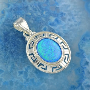 greek key blue opal silver pendant, greek key necklace, opal necklace, opal pendant, greek jewelry, opal jewelry, anniversary gift for wife
