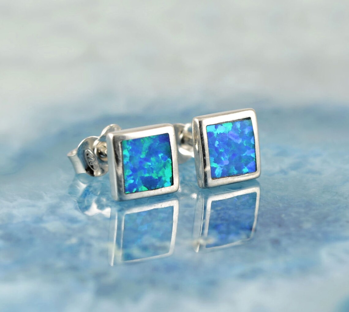 Opal Silver Stud Earrings Opal Earrings Opal Studs Blue Etsy