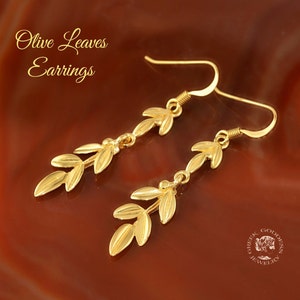 olive leaves golden dangle earrings, olive twig earrings, olive leaf earrings, greek earrings, greek jewelry, bridesmaid jewelry image 1