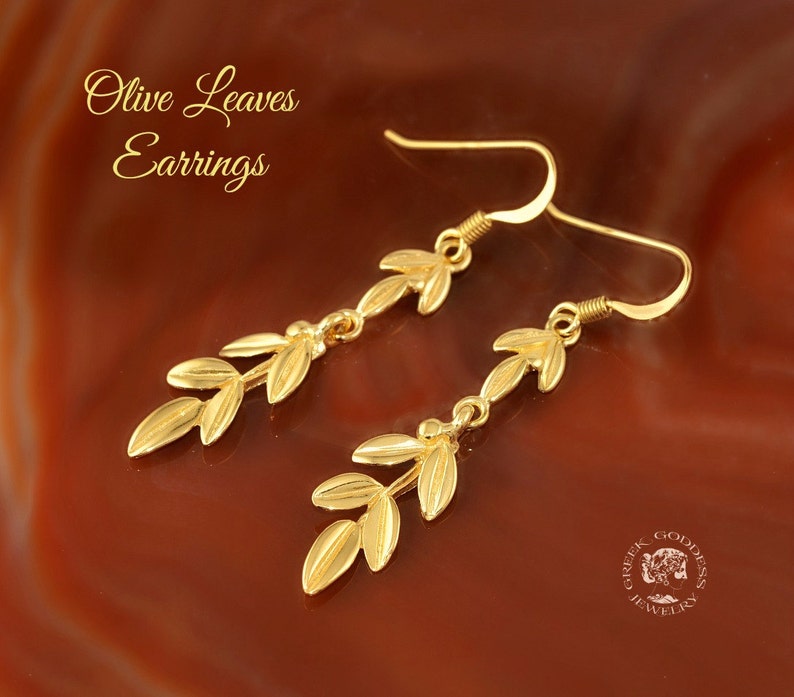 olive leaves golden dangle earrings, olive twig earrings, olive leaf earrings, greek earrings, greek jewelry, bridesmaid jewelry image 1