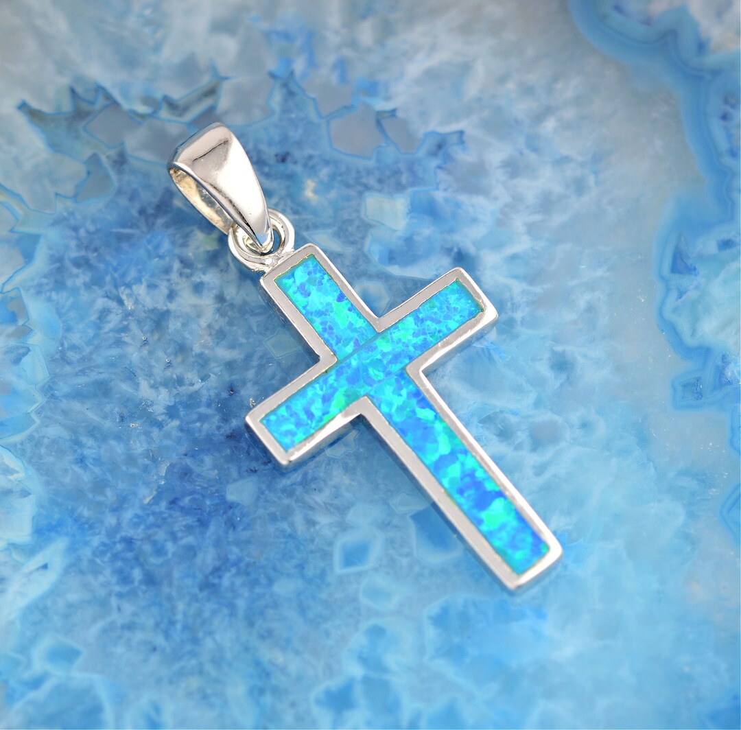 Opal Silver Cross Pendant, Silver Cross, Blue Opal Cross Necklace