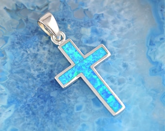 opal silver cross pendant, silver cross, blue opal cross necklace, cross with opal, cross pendant, Christian gift, gift for Christian woman