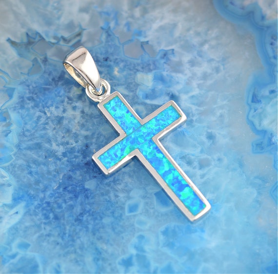 Women Mini Blue Opal Cross Dainty Mini Christian Pendant Necklace Silver  Chain