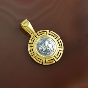 Athena coin golden silver necklace, Athena pendant, coin necklace, coin pendant, greek coin pendant, greek key necklace, antique coin