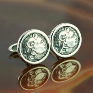 Alexander the Great silver cufflinks, coin cufflinks, silver cufflinks, cuff links, mens jewelry, gift for men, mens gift, antique coin image 1