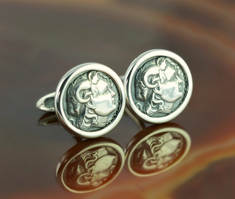 Alexander the Great silver cufflinks, coin cufflinks, silver cufflinks, cuff links, mens jewelry, gift for men, mens gift, antique coin image 1