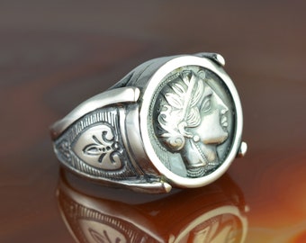 Athena coin silver ring, Athena ring, antique coin ring, greek ring, mens ring, men's ring, mens jewelry, ancient coin ring for men