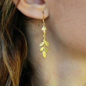 olive leaves golden dangle earrings, olive twig earrings, olive leaf earrings, greek earrings, greek jewelry, bridesmaid jewelry image 2