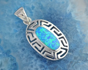 Princess Kylie Blue Synthetic Opal Cubic Zirconia Square Greek Key Pendant Sterling Silver 
