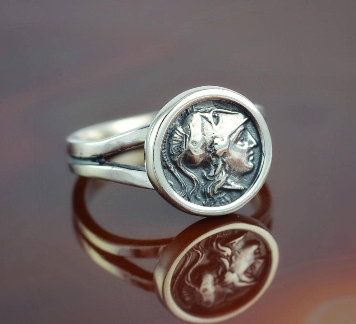 Silver 925 Ring with Ancient Owl Coin 15mm < Silver 925 Rings