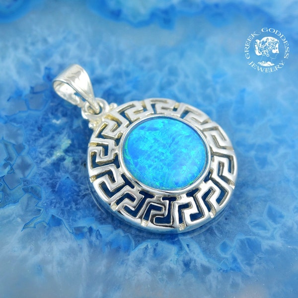 greek key opal silver pendant, greek key necklace, opal pendant, opal necklace, greek jewelry, anniversary gift, gift for wife, opal jewelry
