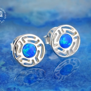 greek key opal stud earrings, silver studs, greek key earrings, opal stud earrings, opal earrings, opal studs, greek earrings, dainty studs
