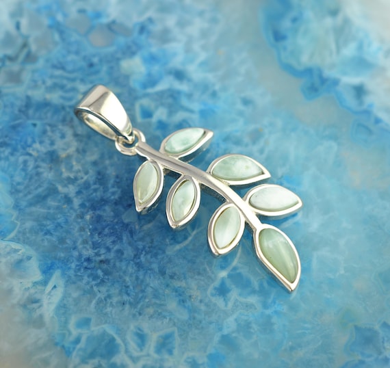 Olive Leaf Larimar Silver Necklace, Olive Leaf Necklace