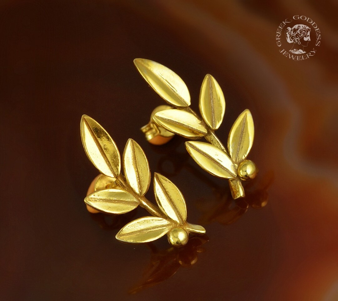 Olive Leaf Golden Stud Earrings, Olive Leaf Earrings, Greek Earrings ...
