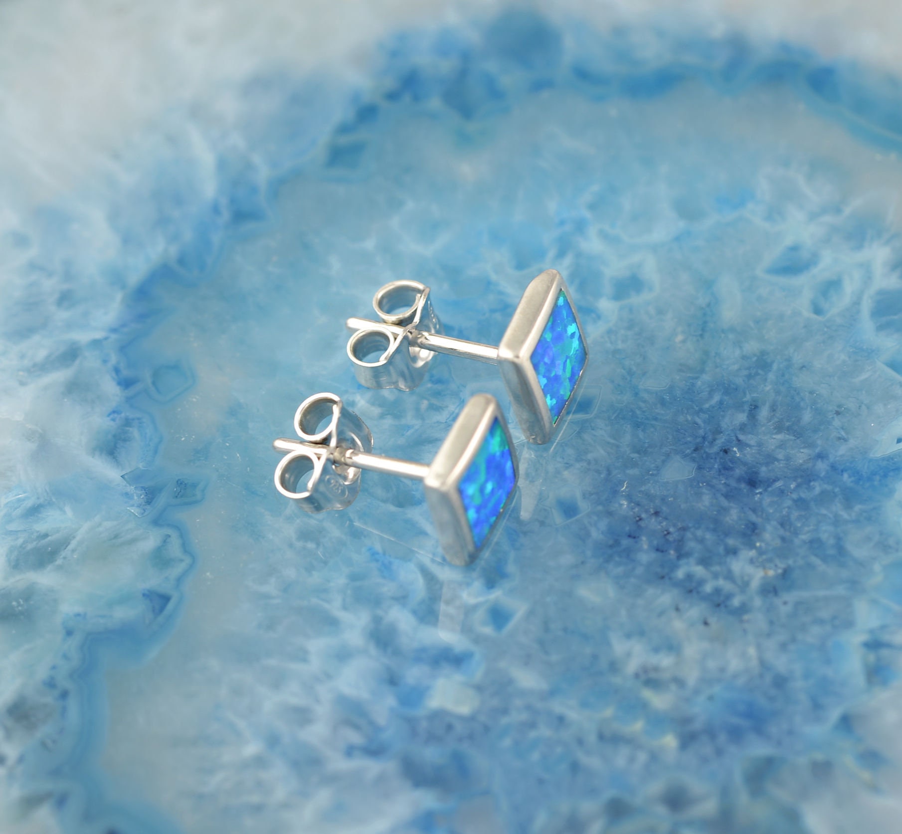 Opal Silver Stud Earrings Opal Earrings Opal Studs Blue - Etsy