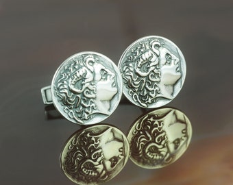 Alexander the Great silver cuff links, Greek coin cuff links, antique cuff links, men's jewelry, men's gift, mens gift, mens jewelry