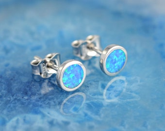 opal silver stud earrings, opal earrings, opal studs, dainty studs, silver studs, silver stud earrings, blue opal studs, greek jewelry, opal