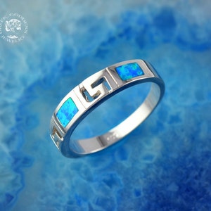 greek key opal silver ring, opal ring, greek ring, opal jewelry, greek jewelry, greek key ring, blue opal ring, silver ring, gift for her