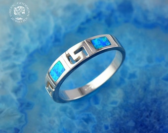 Griekse sleutel opaal zilveren ring, opaal ring, Griekse ring, opaal sieraden, Griekse sieraden, Griekse sleutelhanger, blauwe opaal ring, zilveren ring, cadeau voor haar