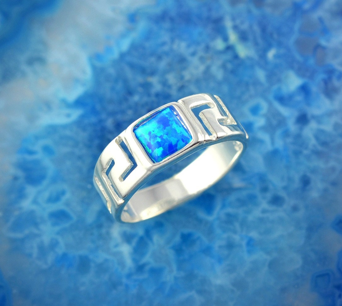 greek key opal silver ring opal ring greek ring blue opal | Etsy