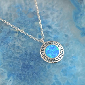 Greek Key opal silver necklace, Greek Key necklace, opal necklace, Greek necklace, Greek jewelry, anniversary gift, gift for wife, blue opal