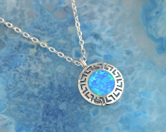 Greek Key opal silver necklace, Greek Key necklace, opal necklace, Greek necklace, Greek jewelry, anniversary gift, gift for wife, blue opal